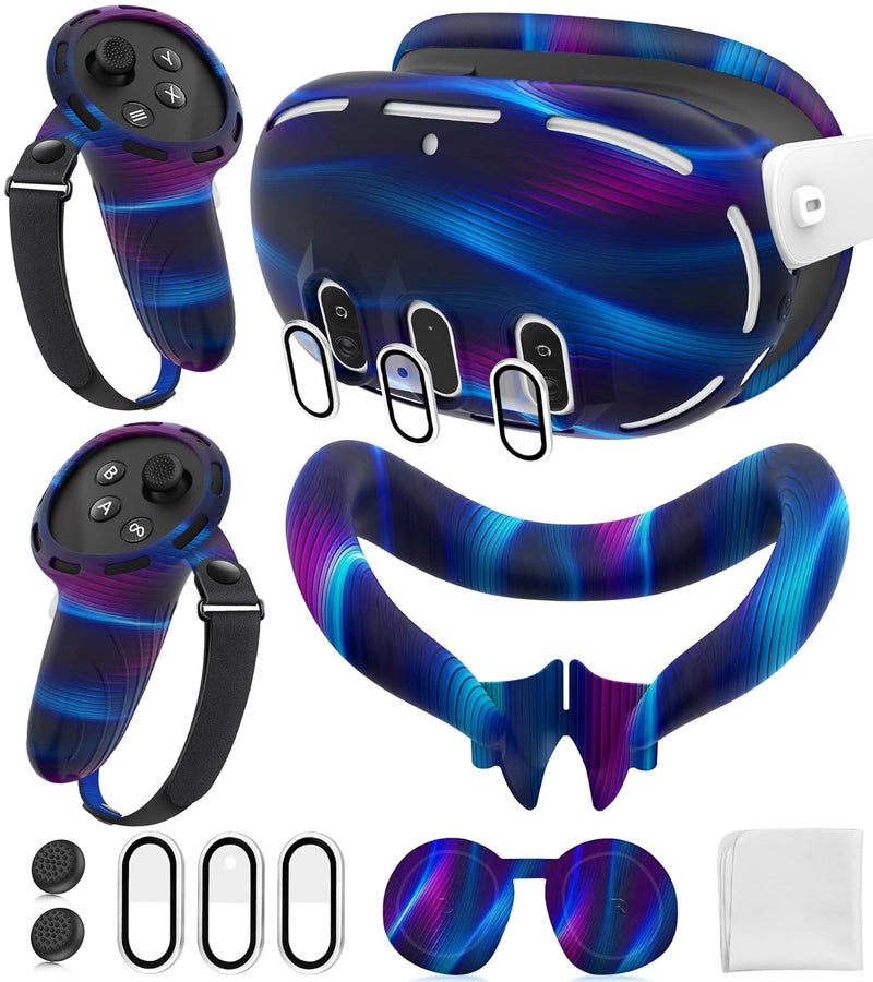 YRXVW Silicone Cover Set Compatible with Oculus/Meta Quest 3, Touch Controller Grips Cover, VR Shell Cover, Facial Interface Cover, Protective Lens Cover, Tempered Glass Lens Caps (Aurora Blue) - Image 1